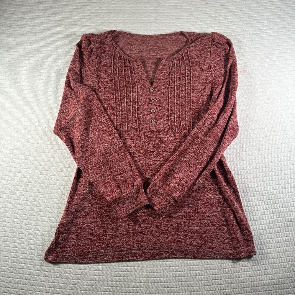 Women’s Large Red Marled Knit Tunic Top Long Sleeve Button Neck Unbranded